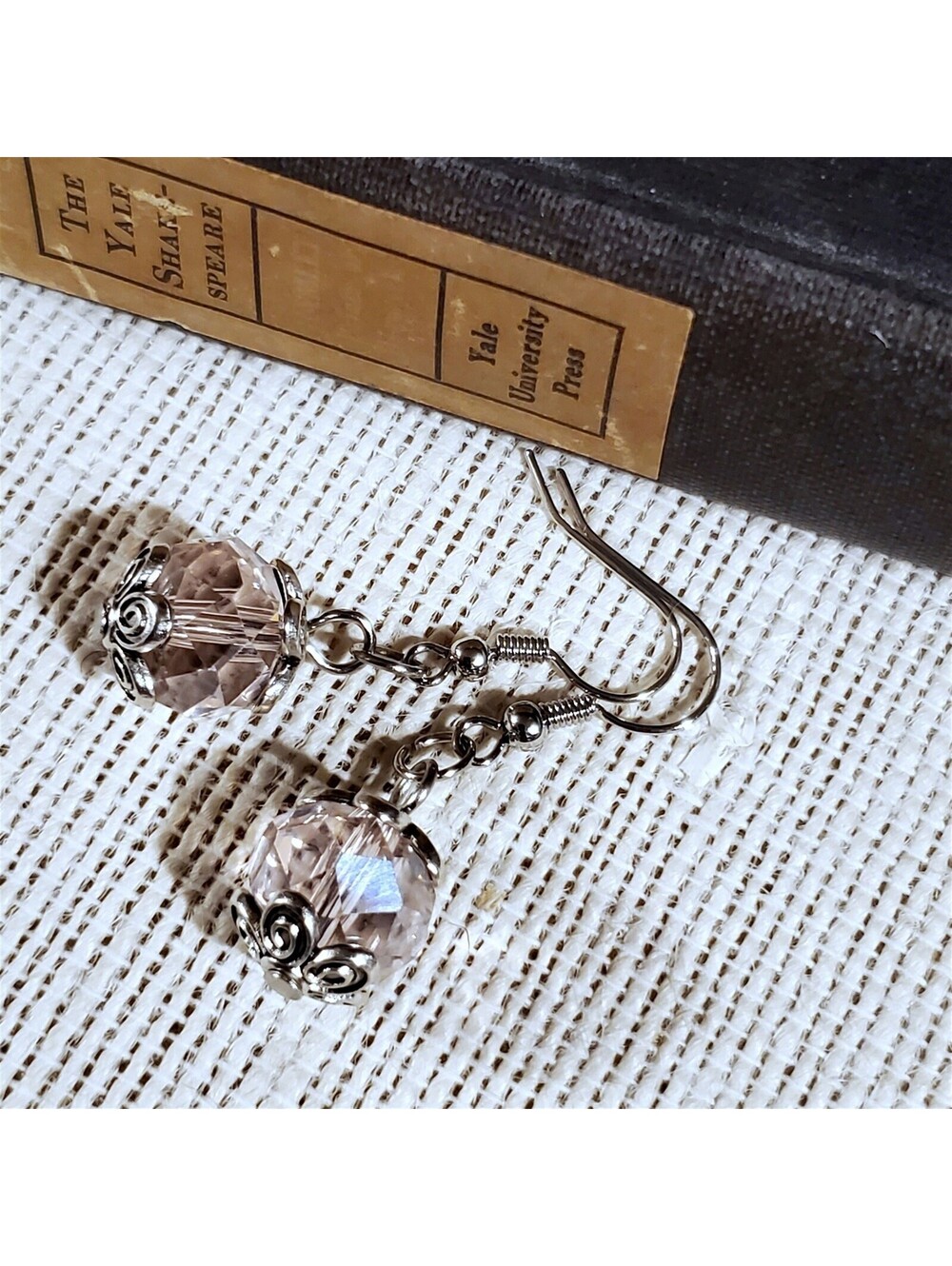 Vintage Light Pink Crystal Beads Antique Silver Carved Accents Earrings - Picture 5 of 10